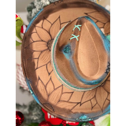 Ooak custom western sunflower handburned / painted new adult adj brim hat.