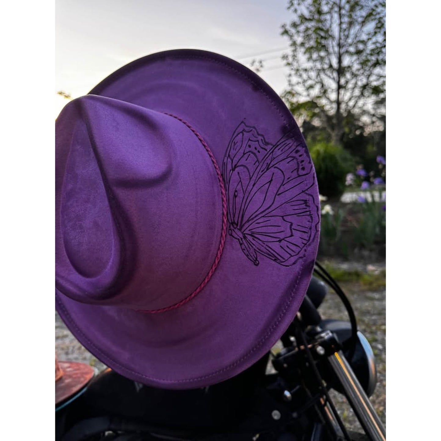 Womens handmade burned custom Purple Butterfly Fedora Hat
