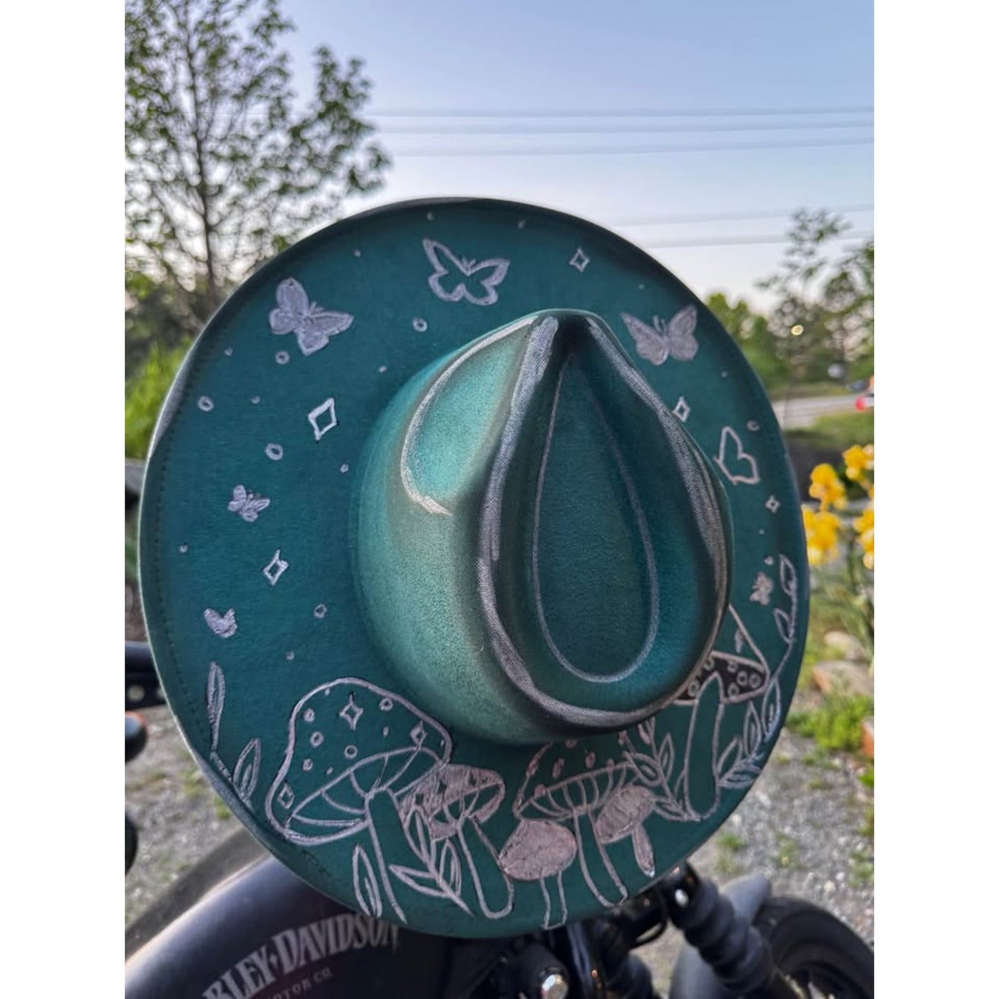 Custom Hand-Painted Teal Mushroom and Butterfly Fedora Hat handburned womens hat
