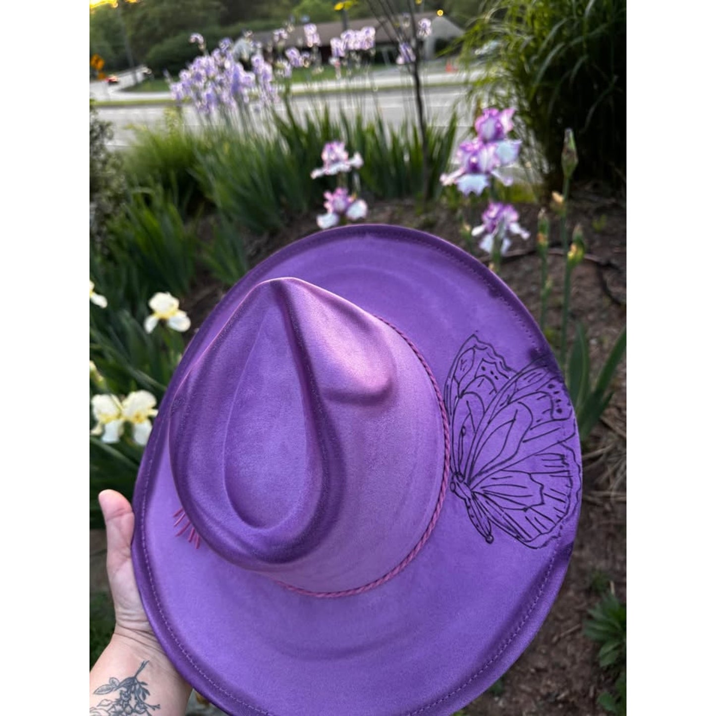 Womens handmade burned custom Purple Butterfly Fedora Hat