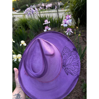 Womens handmade burned custom Purple Butterfly Fedora Hat