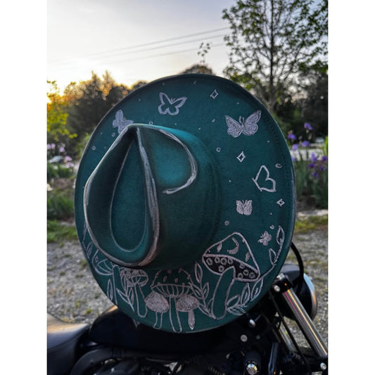 Custom Hand-Painted Teal Mushroom and Butterfly Fedora Hat handburned womens hat