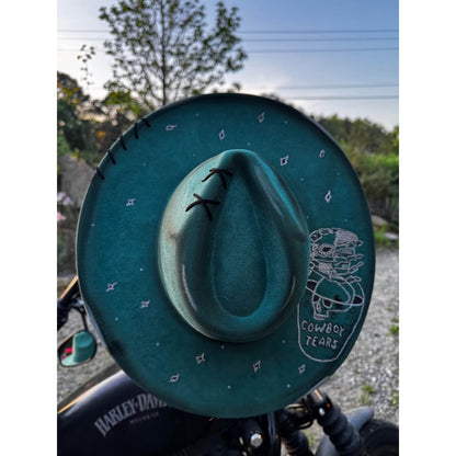 Custom handburned womens cowboy tears western Teal Wide Brim Hat