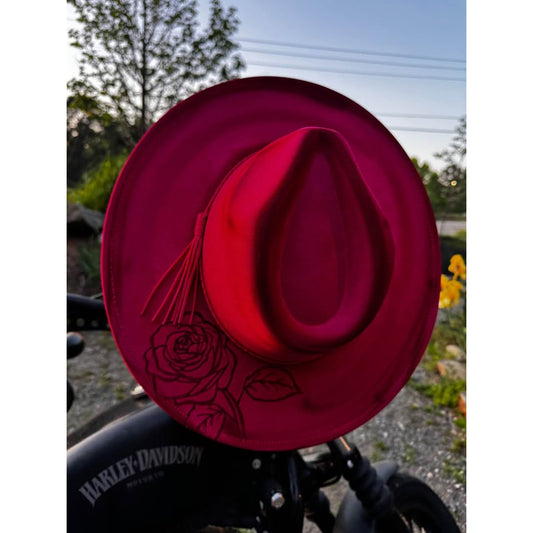 Pink Rose Wide Brim Fedora Hat womens handburned western ha